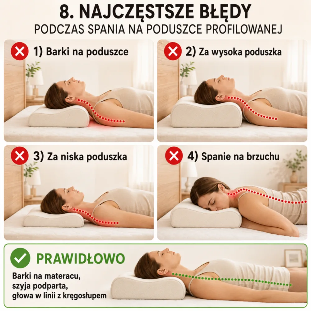 Infografika najczęstszych błędów podczas spania na poduszce profilowanej