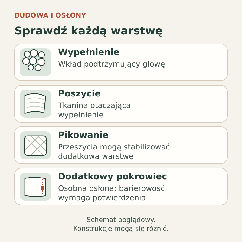 Schemat rozróżniający wypełnienie poduszki, poszycie, pikowanie i dodatkowy pokrowiec