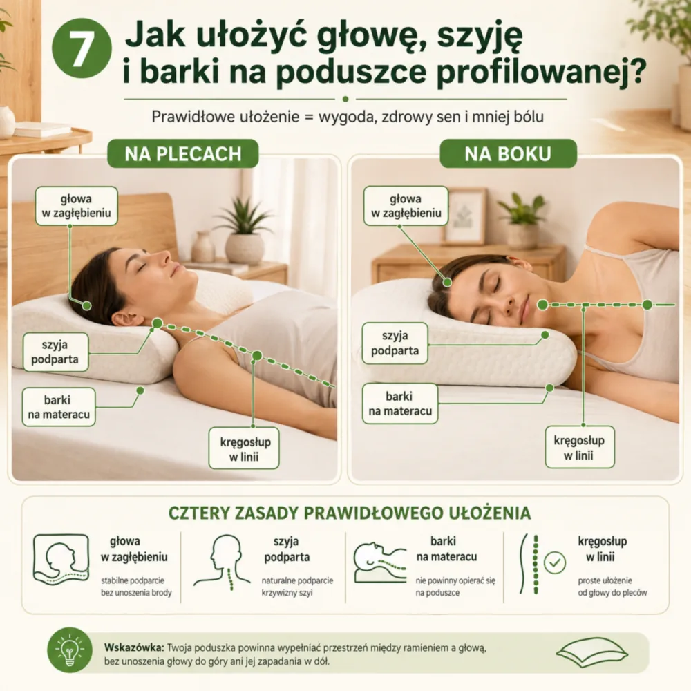Infografika wysokości poduszki profilowanej względem barków i twardości materaca