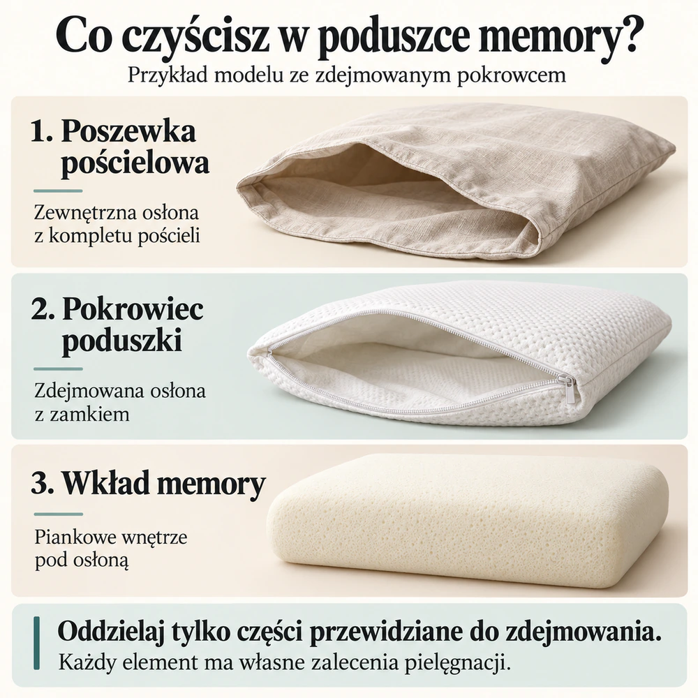Poszewka pościelowa, zdejmowany pokrowiec i piankowy wkład pokazane oddzielnie