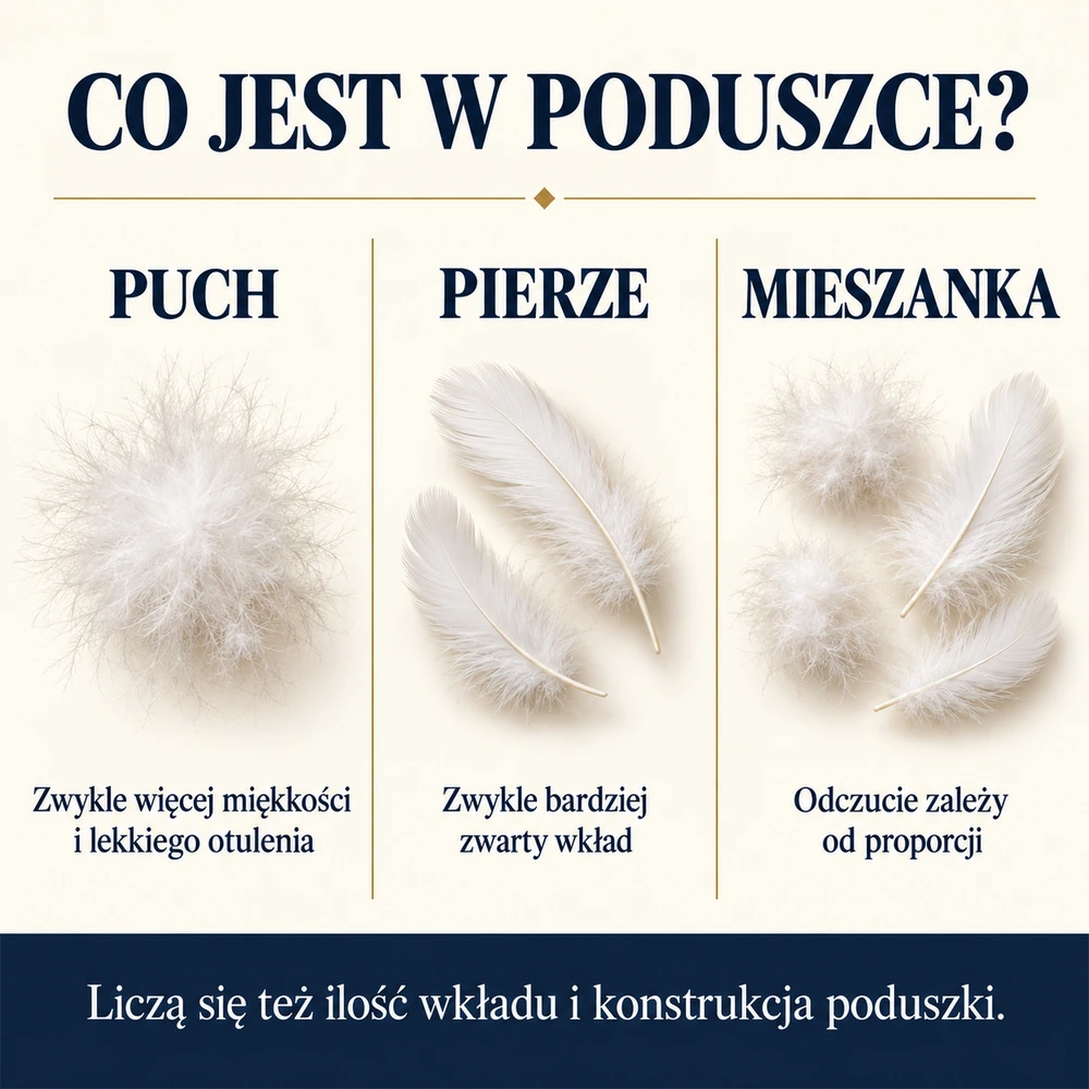 Puch zwykle daje więcej miękkości, pierze bardziej zwarty wkład, a właściwości mieszanki zależą od proporcji oraz konstrukcji poduszki