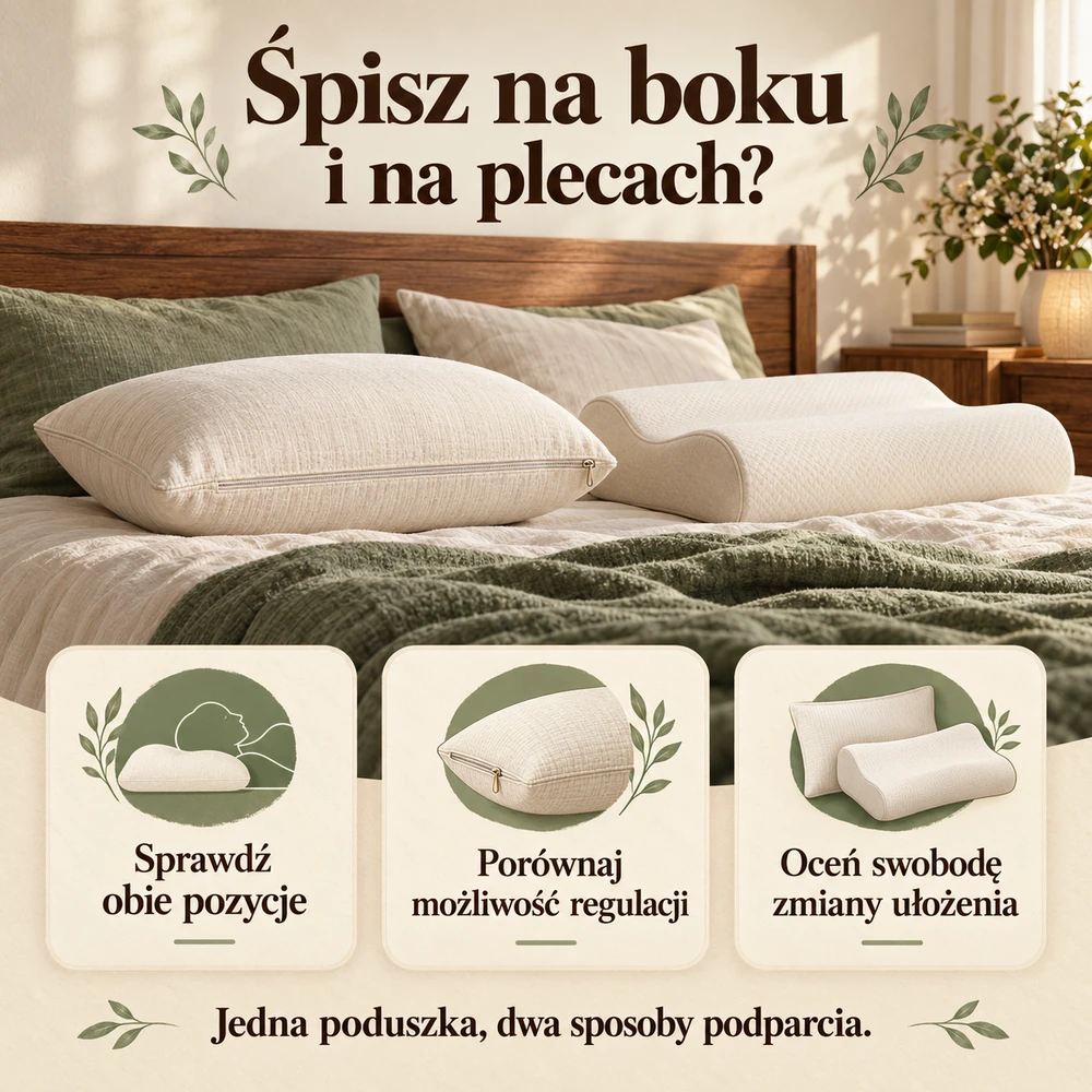 Przy zmianie pozycji z boku na plecy sprawdź wygodę w obu pozycjach, możliwość regulacji i swobodę zmiany ułożenia