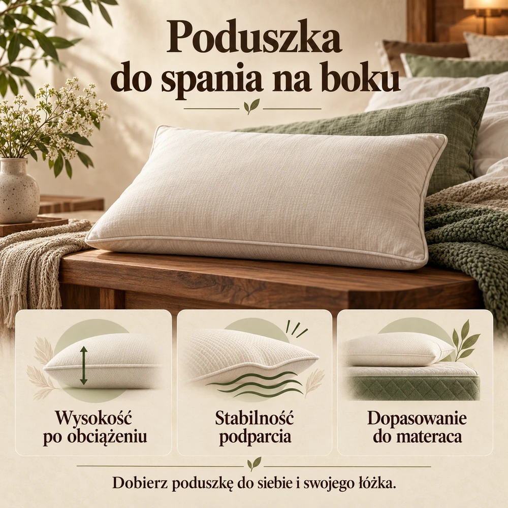 Trzy kryteria wyboru poduszki do spania na boku: wysokość po obciążeniu, stabilność podparcia i dopasowanie do materaca