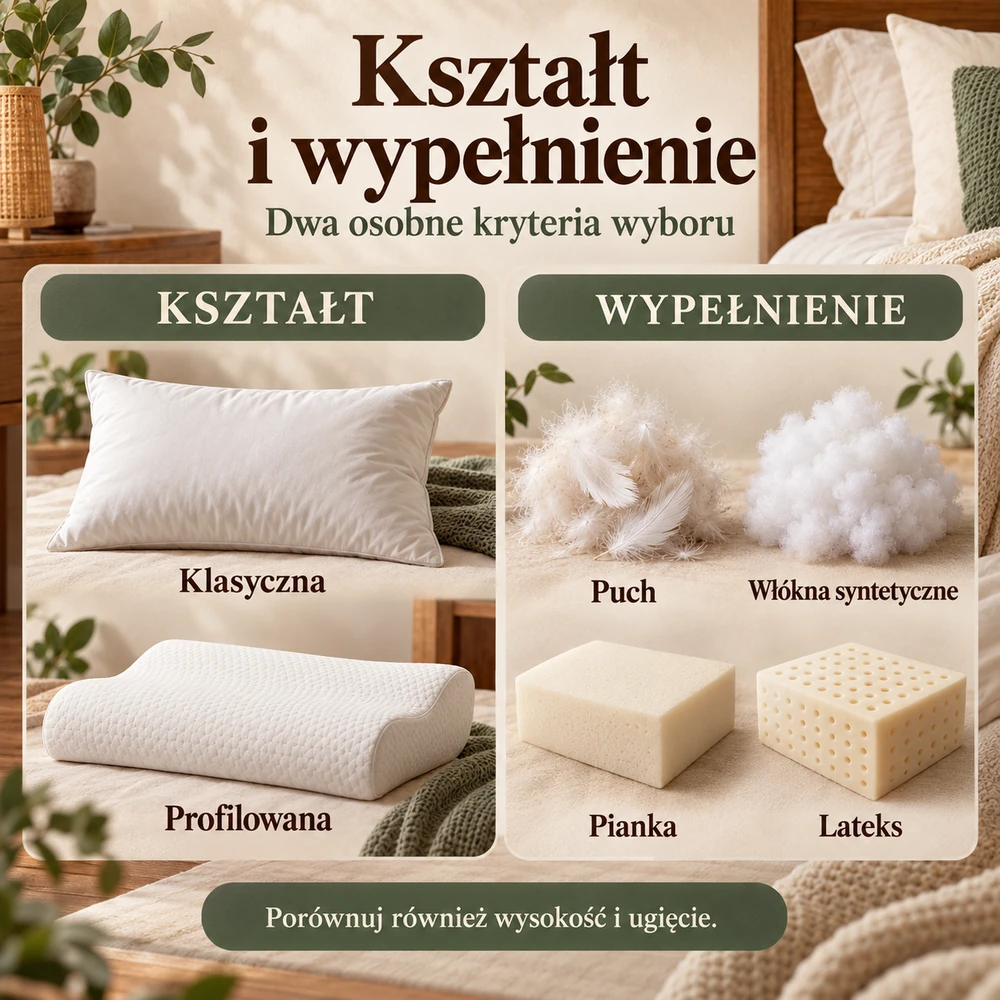 Kształt poduszki i rodzaj wypełnienia to osobne kryteria: klasyczna lub profilowana oraz puch, włókna syntetyczne, pianka lub lateks