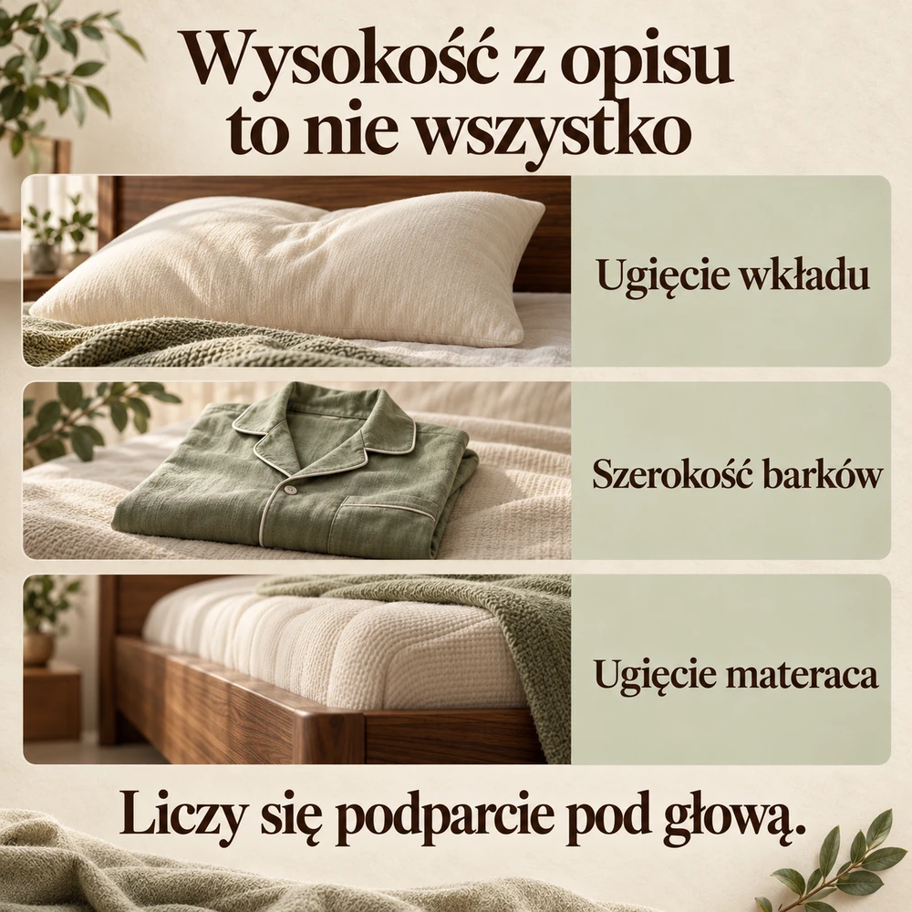 Wysokość poduszki zależy od ugięcia wkładu, szerokości barków i ugięcia materaca