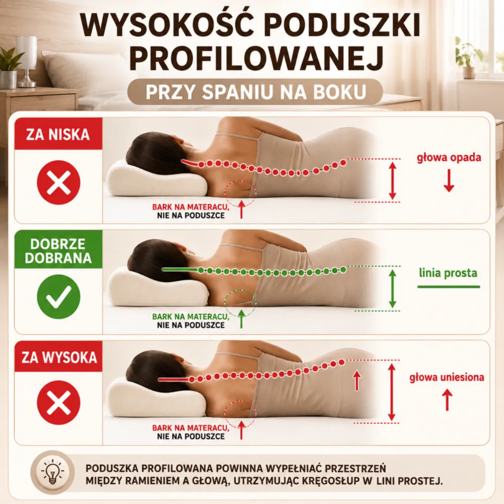 Infografika prawidłowego ułożenia głowy, szyi i barku na poduszce profilowanej