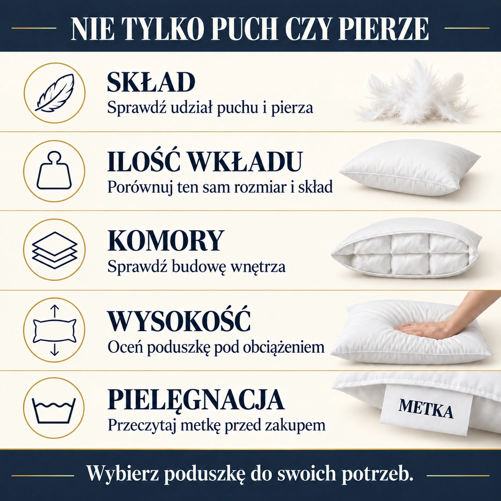 Pięć parametrów wyboru poduszki naturalnej: procentowy skład, ilość wkładu, konstrukcja komór, wysokość pod obciążeniem i zasady pielęgnacji
