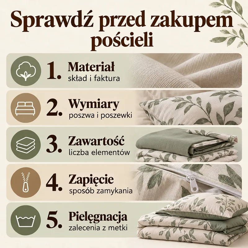 Lista pięciu kontroli przed zakupem pościeli: materiał, wymiary, zawartość, zapięcie i pielęgnacja
