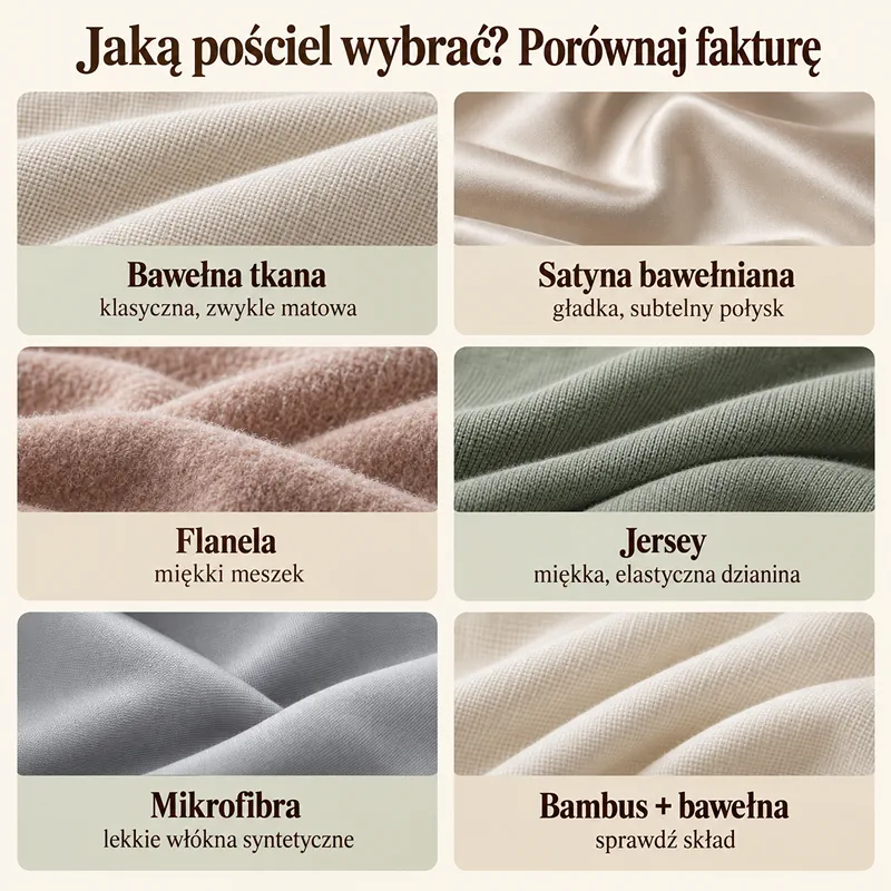 Sześć grup materiałów pościelowych z krótkim porównaniem odczucia powierzchni