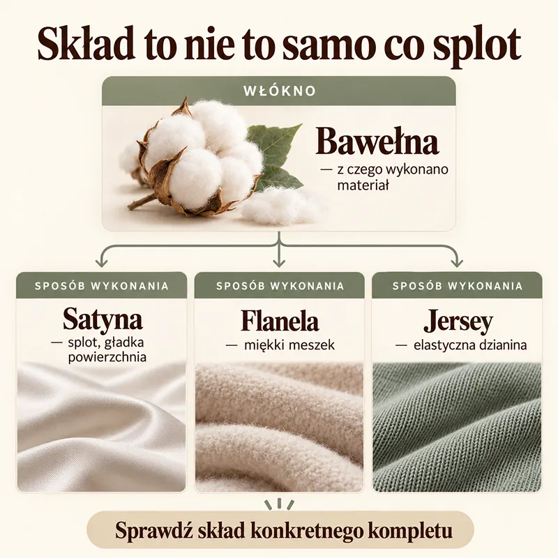 Schemat pokazujący osobno skład włókien i sposób wykonania satyny, flaneli oraz jerseyu bawełnianego