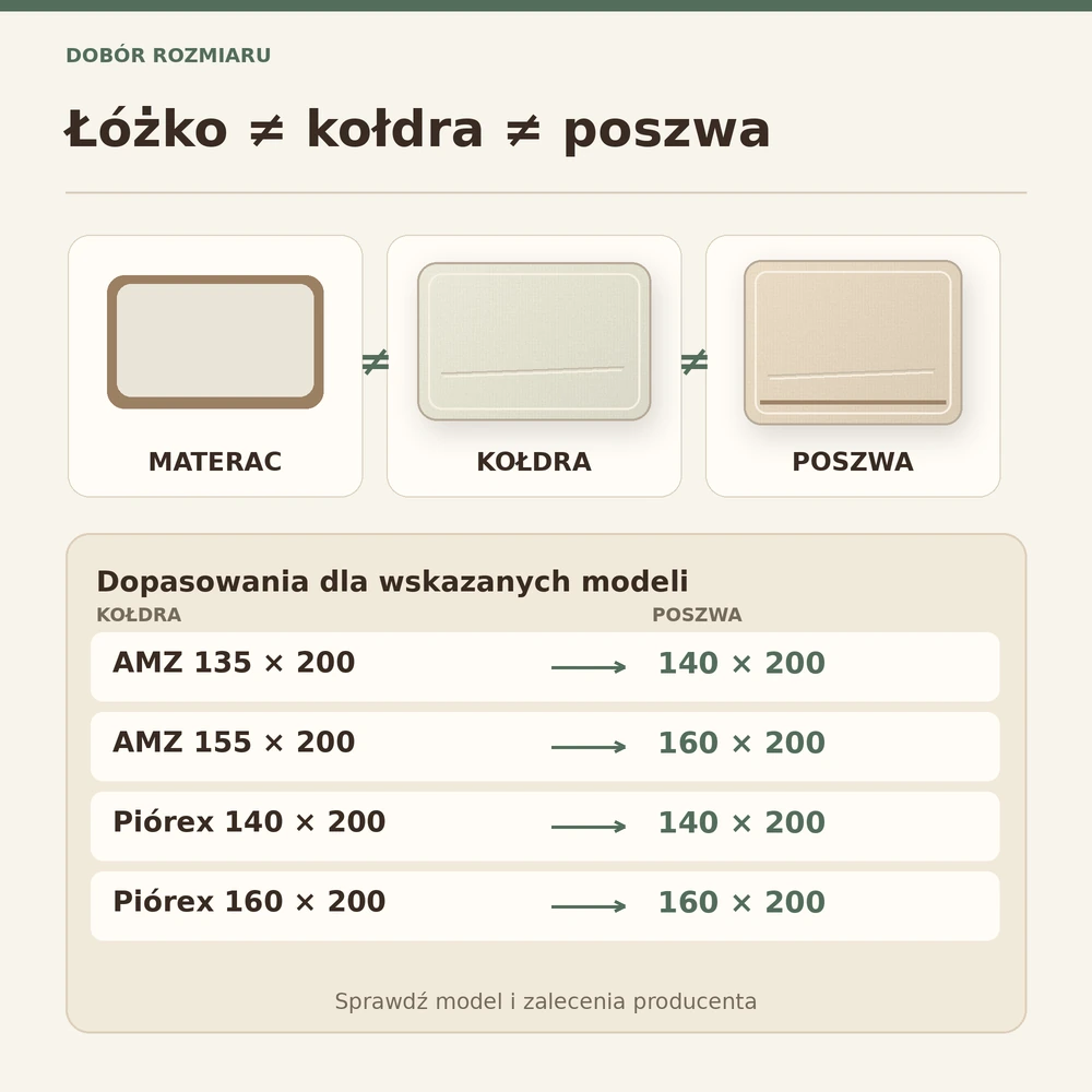 Trzy odrębne wymiary: łóżka lub materaca, kołdry oraz dobranej do niej poszwy