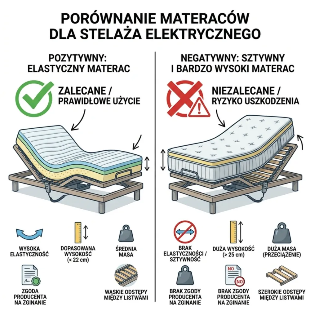 Infografika pokazująca materace elastyczne i sztywne w zestawieniu ze stelażem elektrycznym