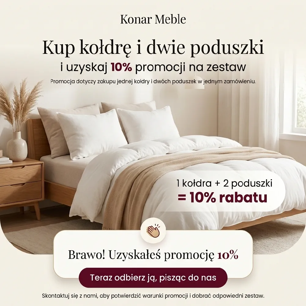 Promocja kołdra i dwie poduszki 10 procent w sklepie Konar Meble